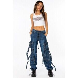 Y2K Lazer Jeans Blue Denim Strappy Cargo Pants Size 5 Utility Cyber Grunge